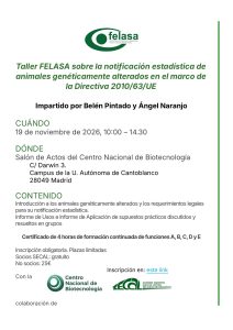 Cartel del Taller FELASA sobre la notificación estadística de animales genéticamente alterados, 19 de noviembre de 2026 en el CNB-CSIC, Madrid