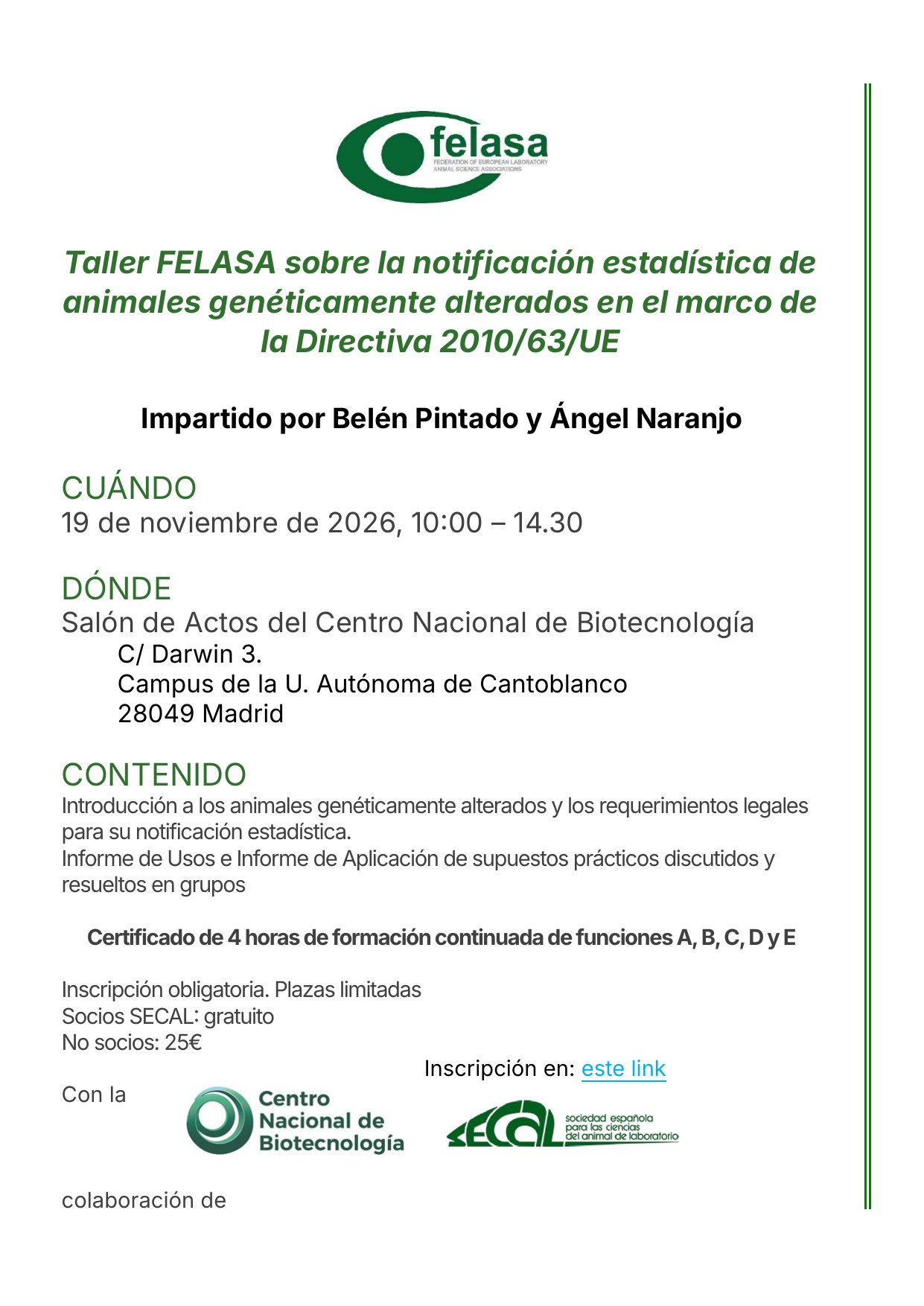 Cartel del Taller FELASA sobre la notificación estadística de animales genéticamente alterados, 19 de noviembre de 2026 en el CNB-CSIC, Madrid